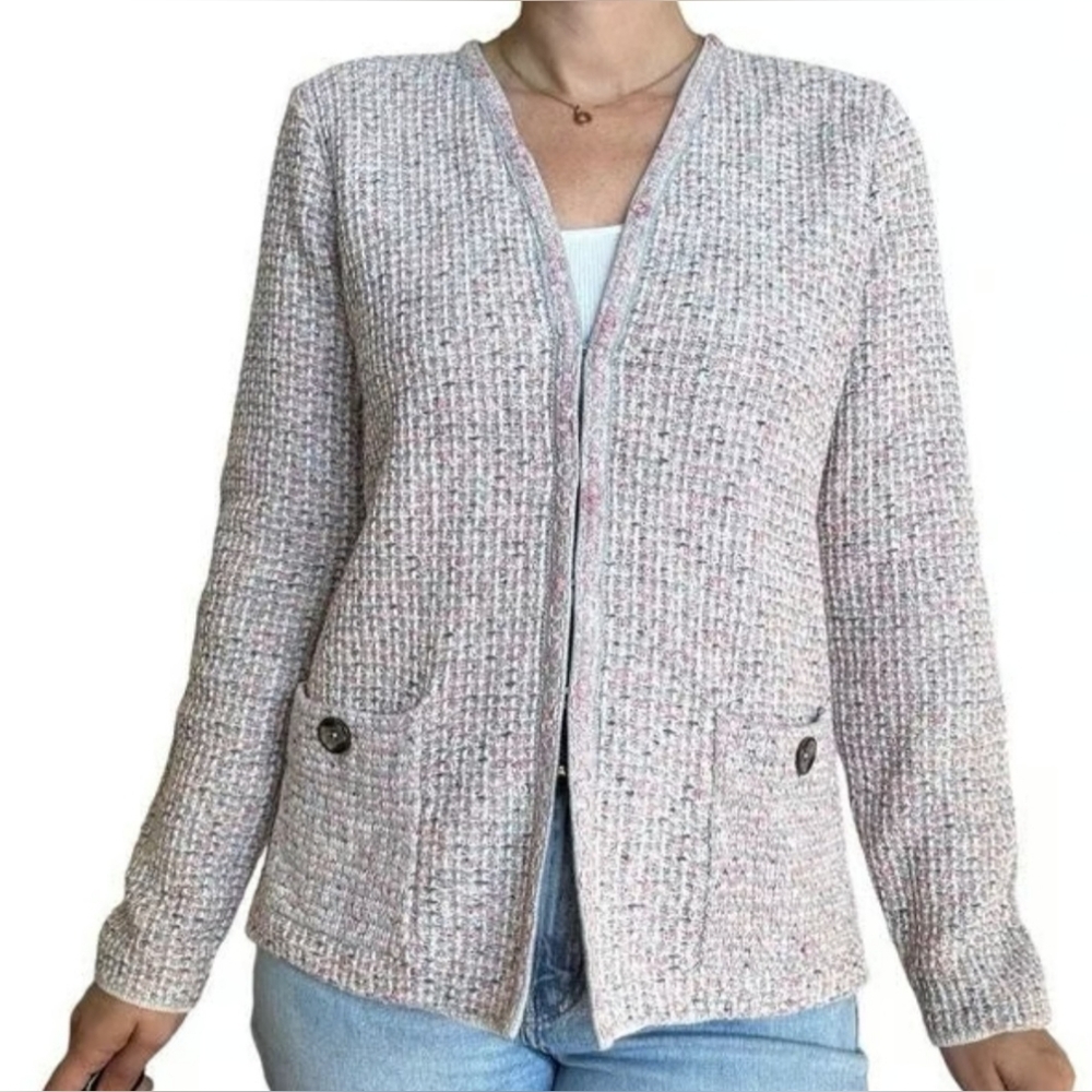 J.Jill Pastel Tweed Jacket Cardigan Sweater Size Large Cotton Blend Preppy